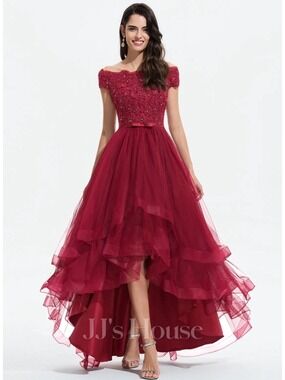JJs House Burgundy Off-the-Shoulder High-Low Tulle Ball Gown